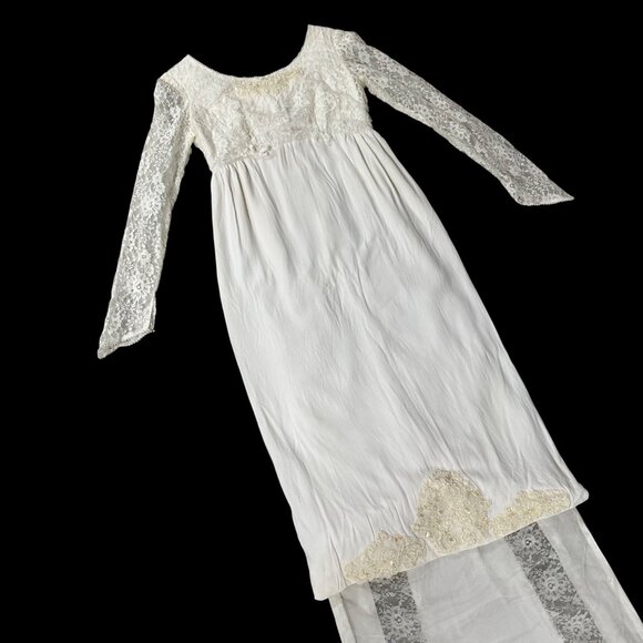Vintage Wedding Dress Short 1960s Aldens Union Made White Lace Detachable Train - Picture 1 of 13